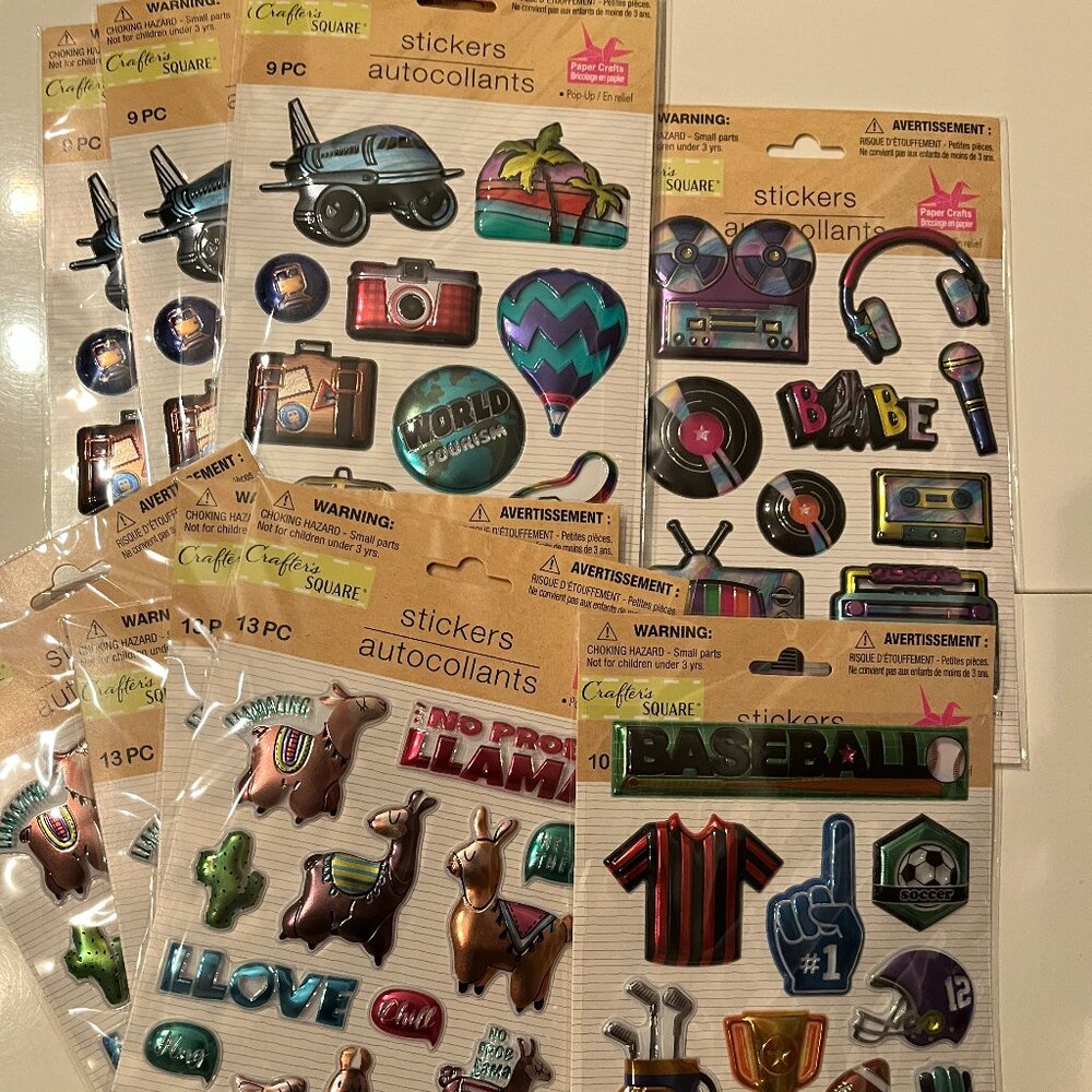 Metallic Puffy Stickers (10 Packs) Llamas, Trave,l 80s,‎ Sports (NEW)